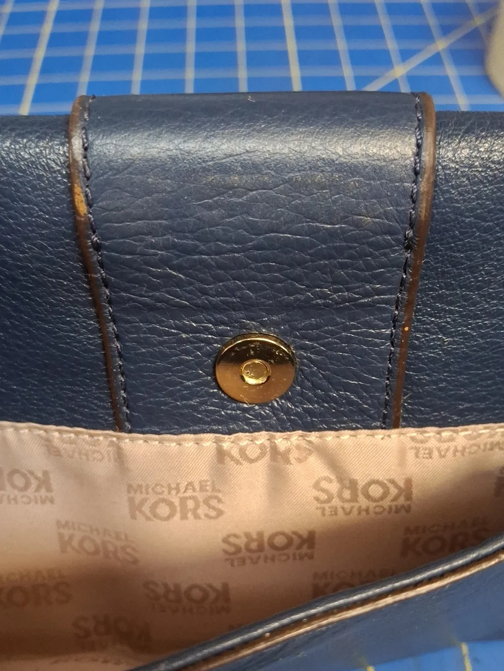 Michael Kors Navy Leather Buckle Clutch Gold Hardware 11x5x0.75 Preloved